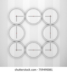 Abstract Time Zone Wall Clocks Concept extreme closeup. 3d Rendering. 