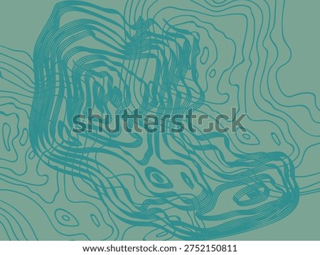 Abstract topographic map design featuring a series of overlapping, curved contour lines in varying shades of teal on a light turquoise background. The lines create an intricate, layered pattern that suggests elevation changes and forms suggestive of a three-dimensional landscape. This style is typically used for visualizing terrain in cartography. The image uses a monochromatic color scheme, emphasizing the complexity and depth of the depicted topography.

