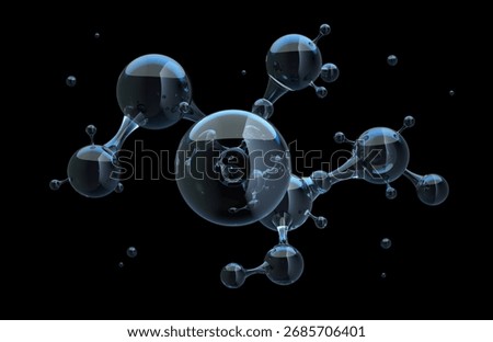 Abstract transparent molecular 3D model with glossy spheres on black background. Chemistry, biotechnology, biochemistry, medicine, nanotechnology, innovative scientific research, pharmaceutical design