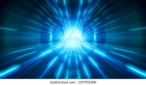 Abstract Triangle Light Corridor. Futuristic Tunnel. Future Interior Background, Business, Sci-fi Science Concept. 3d Rendering