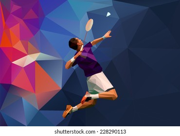 Abstract triangle polygon style male badminton player doing smash shot with space for poster, web, leaflet, magazine