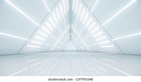 Abstract Triangle Spaceship Corridor. Futuristic Tunnel With Light. Future Interior Background, Business, Sci-fi Science Concept. 3d Rendering