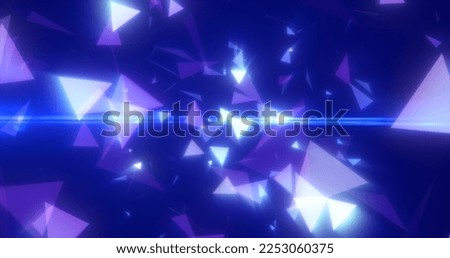 Abstract triangular fragments blue bright glowing, magical energy abstract background.