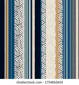 Abstract tribal ethnic geo fabric texture seamless border design. Creative stripes on natural linen with vintage effect digital print for bed linen, jacket, design, curtain, clothing fashion concepts.