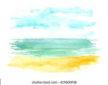 Abstract Tropical Beach View Painted In Watercolor On White Isolated Background