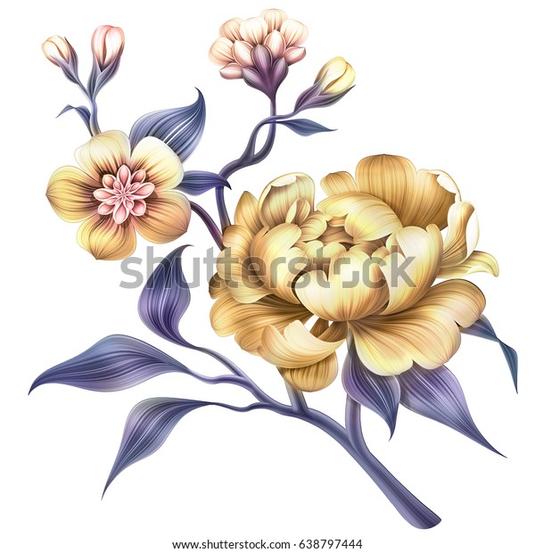 白い背景に抽象的な熱帯の花 植物イラスト 装飾的な花の小枝 牡丹 バラ 桜 葉 クリップアートエレメント のイラスト素材