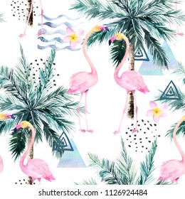 Abstract Tropical Pattern With Flamingo, Protea And Palm Tree. Watercolor Seamless Print. Minimalism Watercolour  Illustration