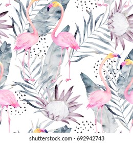 Abstract Tropical Pattern With Flamingo, Protea, Leaves. Watercolor Seamless Print. Minimalism Illustration