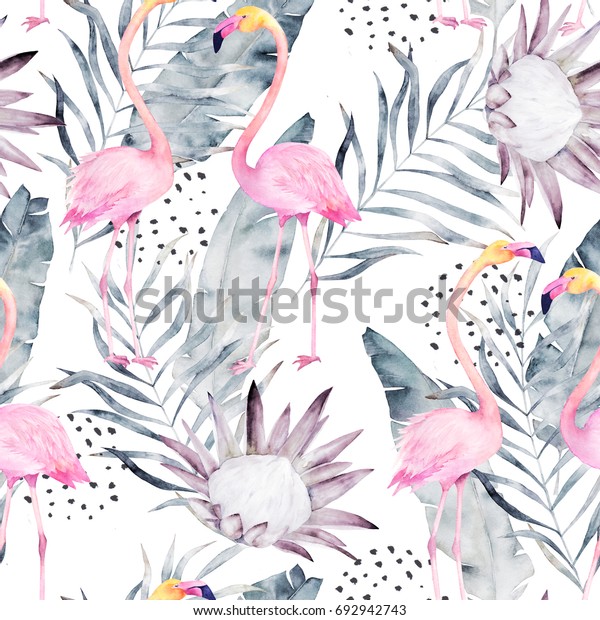 Abstract tropical pattern with flamingo, protea, leaves. Watercolor seamless print. Minimalism illustration