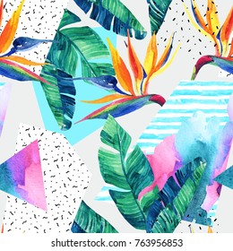 Abstract Tropical Summer Design In Minimal Style. Watercolor Exotic Flowers, Leaves, Grunge Textures, Doodles Seamless Pattern. Water Color Background With 80s 90s Elements. Hand Painted Illustration