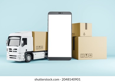 Abstract Truck With Cardboard Box And Empty White Mobile Phone On Blue Background. Logistics, Storage, Retail, Technology And Advertisement Concept. Mock Up, 3D Rendering