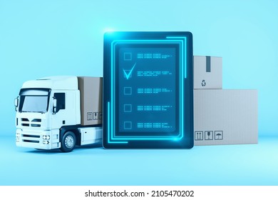 Abstract Truck And Pad With Digital Signature. Digital Transformation, Delivery And Innovation Concept. 3D Rendering