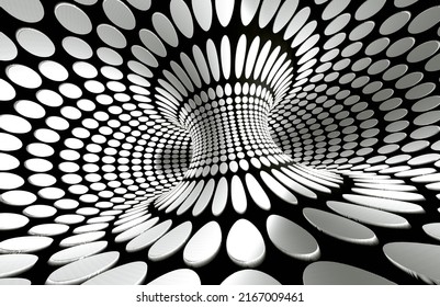 Abstract Tunnel Or Infinite Hole In Concept Of Vertigo.Abstract Spiral Background In Black And White Pattern.3d Illustration