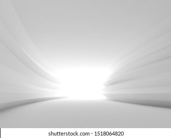 Abstract turning white tunnel interior perspective with glowing end. Minimal architectural background. 3d rendering illustration