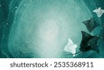 Abstract underwater scene with three manta rays swimming. Soft teal hues and gentle light create a serene oceanic atmosphere with manta rays background.