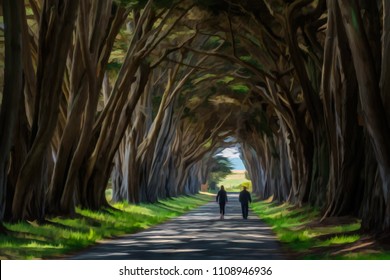 Abstract of an unrecognizable man and woman walking together along a cypress tree tunnel at Point Reyes National Seashore on a sunny day in northern California, with digital oil-painting effect