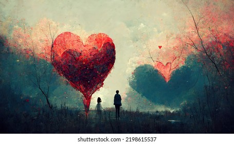 Abstract Valentine Picture With Love Couple And Red Heart Forest Landscape