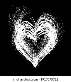 Abstract Valentine White Heart On Black Background. Heart Grunge Brush Stroke Symbol. Hand Drawn Hearts. 