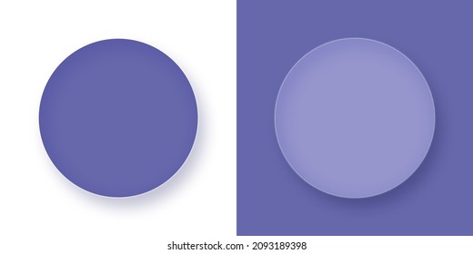 Abstract Very Peri 2022 White Round Geometric Shapes With Blurred Shadows On Lilac Background For Product Presentation And Promotional Products. Flat Lay, Copy Space.