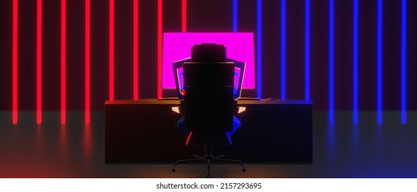 Abstract Video Game Of Scifi Gaming Red Blue Vs E-sports Backgound, Vr Virtual Reality Simulation And Metaverse, Scene Stand Pedestal Stage, 3d Illustration Rendering, Futuristic Neon Glow Room