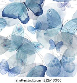 Abstract Vintage Print With Blue Butterflies, Shapes And Golden Lines On White Background. Watercolor Seamless Pattern. Hand Drawn Marble Illustration. Mixed Media Art