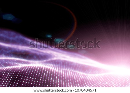 Abstract violet cg wave texture with glowing defocused particles. Cyber or technology digital landscape background. 3d rendering