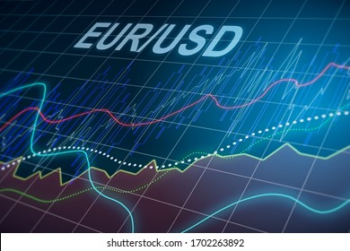 Abstract Virtual EURO USD Financial Chart Illustration On Blue Background. Trading And Currency Concept. 3D Rendering