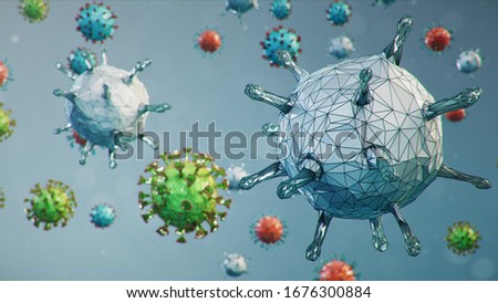 Abstract virus background. Pathogen affecting the respiratory tract. COVID-19 infection. Concept of pandemic, viral infection. Virus inside a human. Infection causing chronic disease, 3D illustration