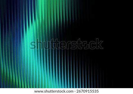An abstract visual composition featuring undulating vertical lines that transition through a spectrum of vibrant green and electric blue hues against a deep black backdrop.