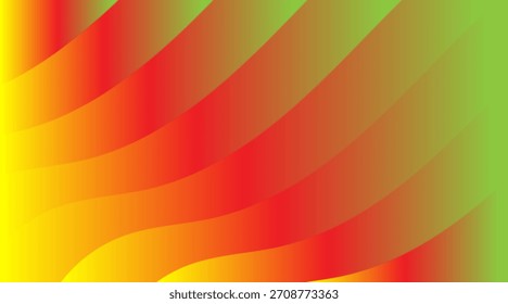 An abstract visual featuring a series of flowing, curved waves or stripes. The gradient color scheme starts with a bright yellow on the left, transitions through red in the middle, 