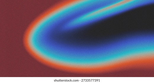 Abstract visual featuring a vibrant curving light leak gradient with intense chromatic aberration and heavy film grain overlay provides a dynamic dark and colorful retro background aesthetic.