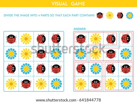 Abstract visual game. Divide the image into 4 parts so that each part contains the same images. 