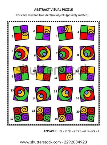 Abstract visual puzzle. For each row find two identical objects (possibly rotated). Answer included.

