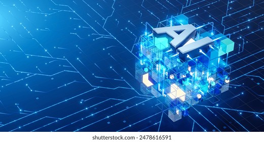 An abstract visualization of a big data network composed of glowing blue cubes and lines, representing complex data structures and connections.