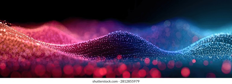 Abstract visualization of flowing waves made of colorful light particles, with bokeh effects in the foreground.