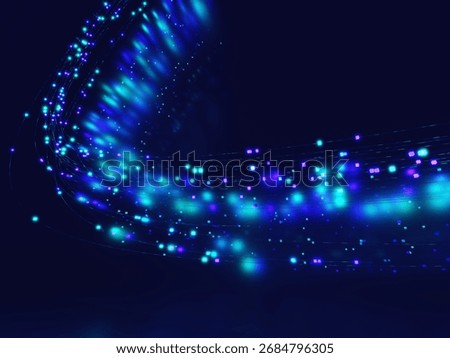 Abstract visualization of glowing blue and turquoise fiber optic particles curving across a dark background. Concept for high-speed internet, data transfer, network streaming, and futuristic digital t