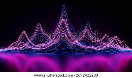 An abstract visualization of sound waves, featuring glowing pink and blue lines forming peaks and valleys, reflected on a dark, glossy surface, creating a futuristic and energetic atmosphere.