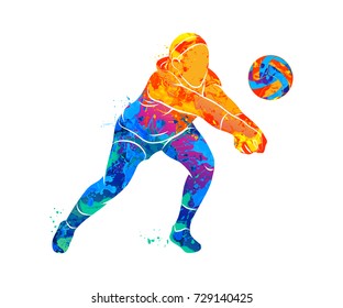 Abstract volleyball player jumping from a splash of watercolors. Photo illustration of paints.