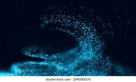 Abstract vortex particles background. Dynamic blue wave moving in explosion. Wormhole shimmering star dust. 3d rendering.
