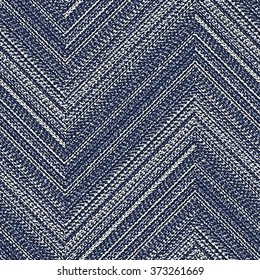 Abstract Washed Indigo Denim Motif, Bold Chevron Strokes Brushed Background. Seamless Pattern.