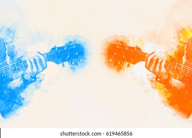 Abstract watercolor acoustic guitar painting colorful background for art.