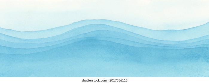 Abstract Watercolor And Acrylic Flow Blot Smear Painting.  Sea Wave Water. Blue Color Canvas Texture Horizontal Long Background.   