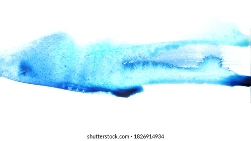 Abstract watercolor and acrylic flow smear blot painting. Blue Color canvas texture horizontal background. 