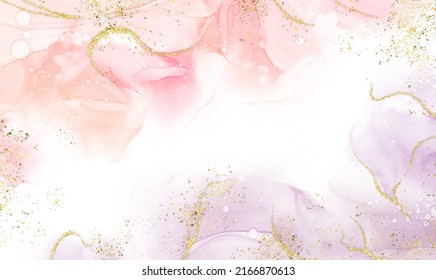 Abstract Watercolor Or Alcohol Ink Art Pink White Background With Golden Crackers. Pastel Pink Marble Drawing Effect. Llustration Design Template For Wedding Invitation,decoration, Banner, Background.