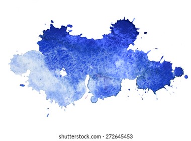 Abstract Watercolor Aquarelle Hand Drawn Colorful Blue Art Paint Splatter Stain On White Background