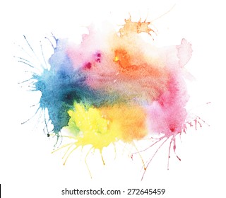 Abstract Watercolor Aquarelle Hand Drawn Blot Colorful Yellow Orange Paint Splatter Stain.