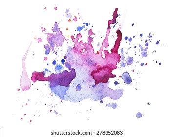 Abstract Watercolor Aquarelle Hand Drawn Blot Colorful Paint Splatter Stain.