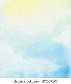 Abstract watercolor background. Blue sky with sun and clouds.