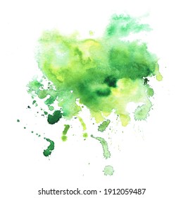 Abstract Watercolor Background. Blurred Paint Splash Of Cheerful Green And Yellow Color With Blots And Drops On White Backdrop. Hand Drawn Illustration Of Bright Spring Freshness.
