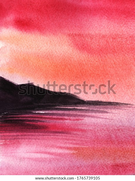 Abstract watercolor background. Colorful\
landscape of pink and lilac water surface reflecting fiery sunset\
sky with dark blurry coast outline as a divider between them. Hand\
drawn summer\
illustration